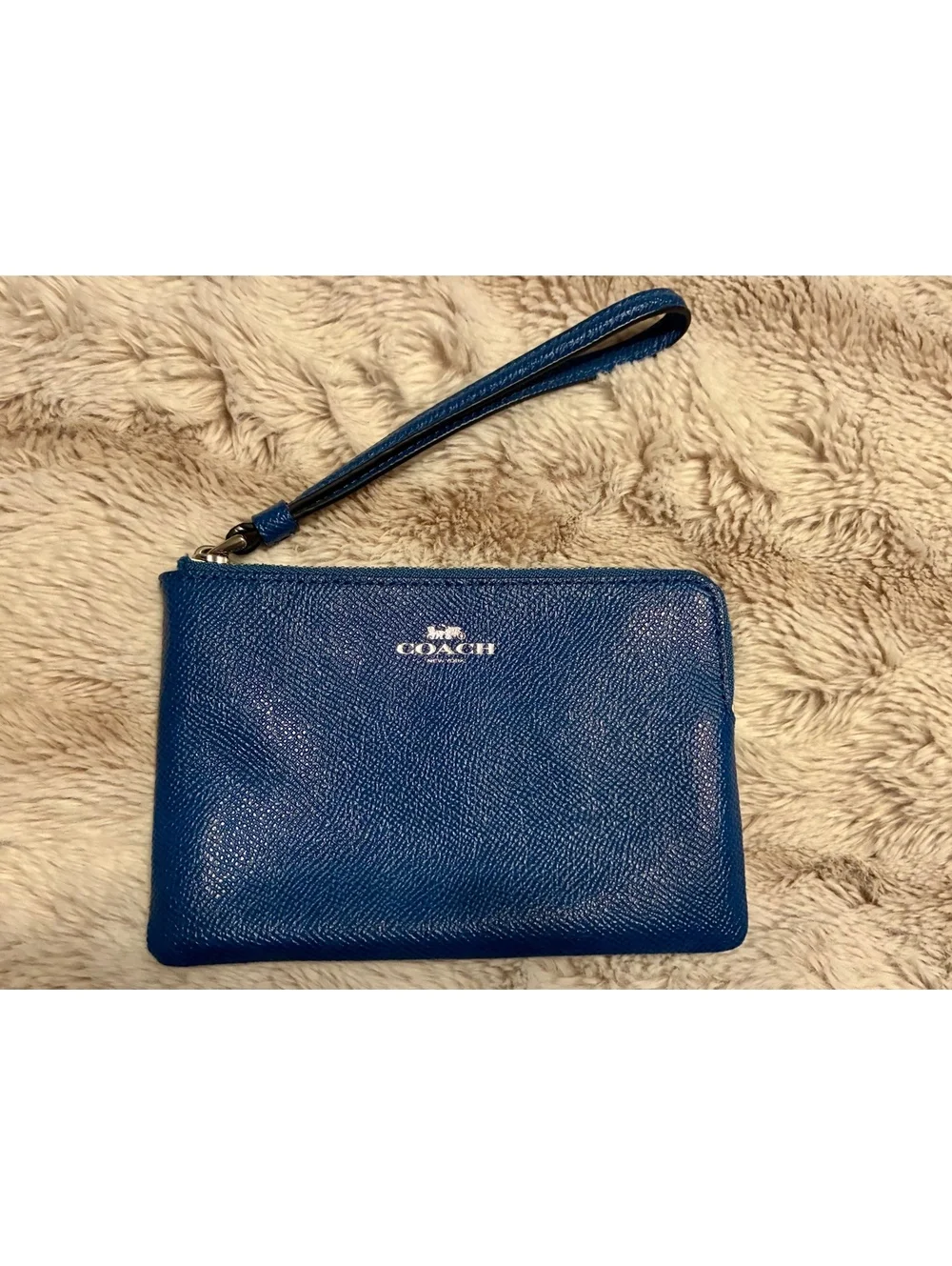 Coach Royal Blue Crossgrain Leather Zip Top Small Wristlet Wallet Pouch